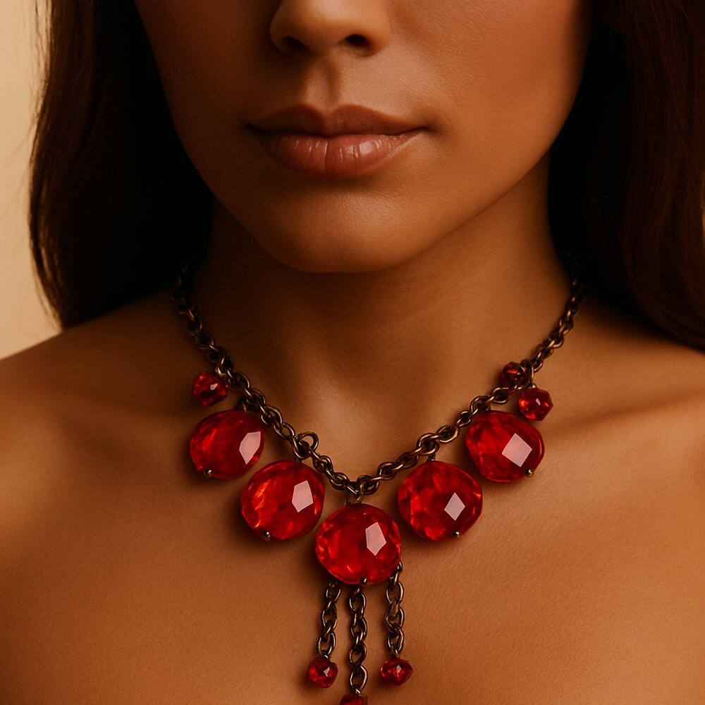 Red Faceted Bead Statement Necklace w/ Black Chain Tassel – Bold Women’s Jewelry